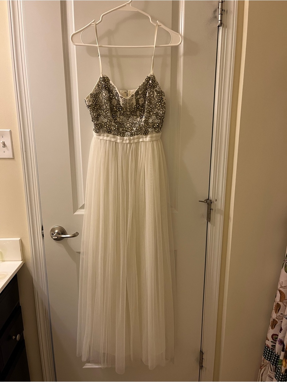 Needle & Thread Ivory Tulle Gown with Silver Beaded Bodice